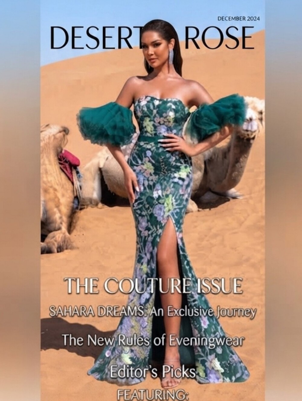 Emerald Floral Off-Shoulder Mermaid Dress with Tulle Sleeves